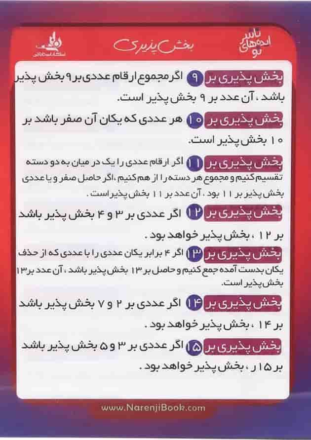پوستر آموزش بخش پذیری سایز جیبی انتشارات کتاب نارنجی پشت جلد
